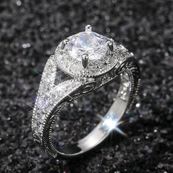 🌸Round Shiny CZ Noble Silver Wedding/Engagement Ring for Women, K808 - Picture 1 of 10